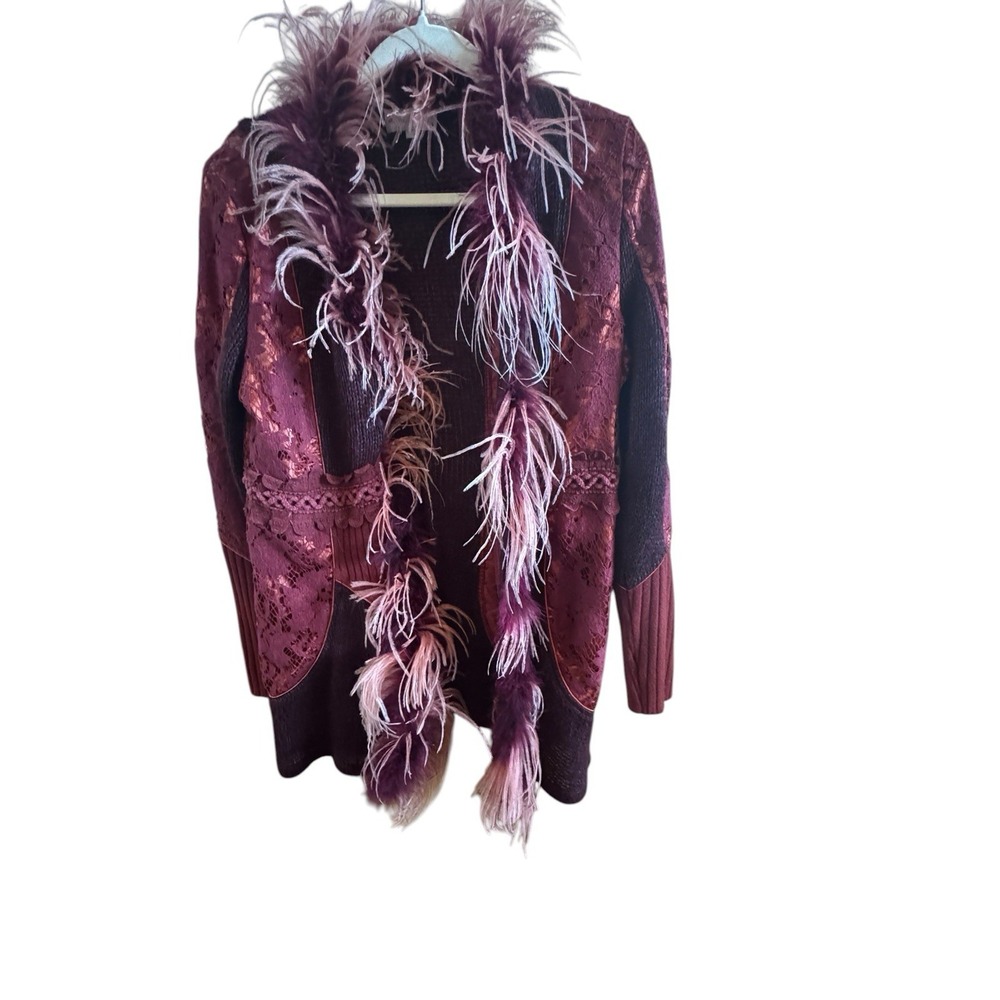 Hugging Kisses Rust Color Mixed Media Long Cardigan Women's Large Feather Funky
